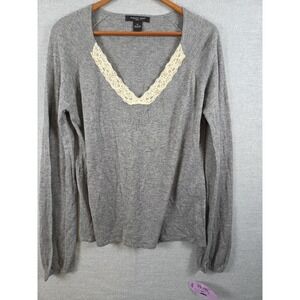 August Silk XL Beaded V Neck Ruffle Silk Blend Feminine Knit Top Gray Fairy NEW